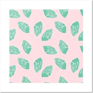 Pale Pink background and Green Leaves Pattern Posters and Art